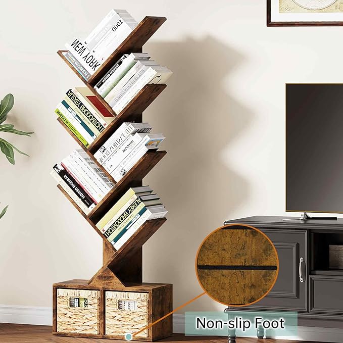Vagusicc 6 Tier Tree Bookshelf, Small Bookcase with Storage Cabinet, Modern Tall Narrow Bookshelves Organizer, Floor Standing Book Shelf for Bedroom/Living Room/Home Office/Corner, Rustic Brown