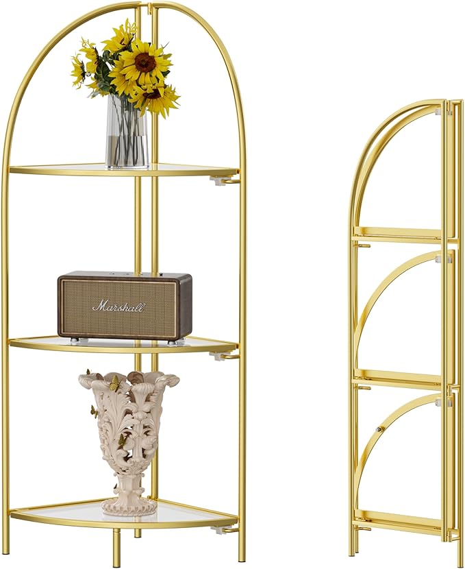 Crofy Foldable 3 Tier Corner Shelf, Metal Corner Plant Stand with Gold Frame and Transparent Shelves, Corner Display Rack Multipurpose Shelving Unit for Living Room, Bedroom, Bathroom