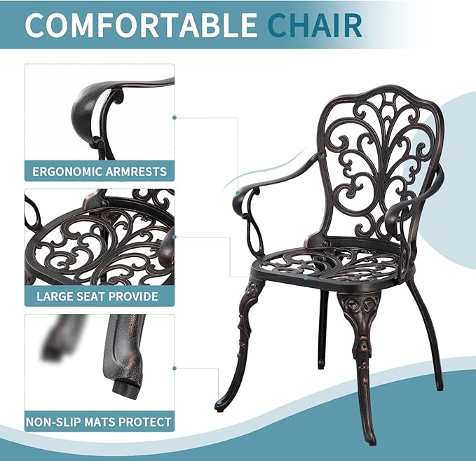 Outdoor Bistro Table and Chairs Set of 2 Cast Aluminum Patio Bistro Set with Umbrella Hole, All Weather Bistro Table Set for Garden, Suitable for All People, Bronze