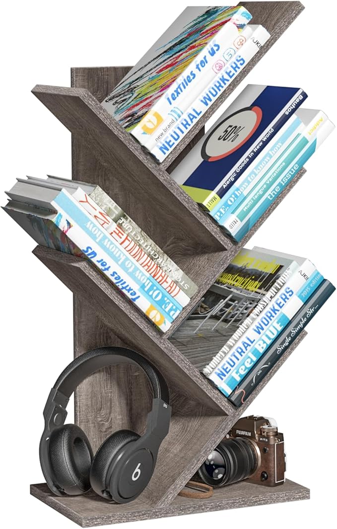 5 Tier Tree Book Shelf, Small Desktop Bookshelf with Storage Organizer, Wood Bookcase, Desk Display Bookshelves, Floor Standing Organizer Bookcases for Living Room,Bedroom,Office - Light Grey