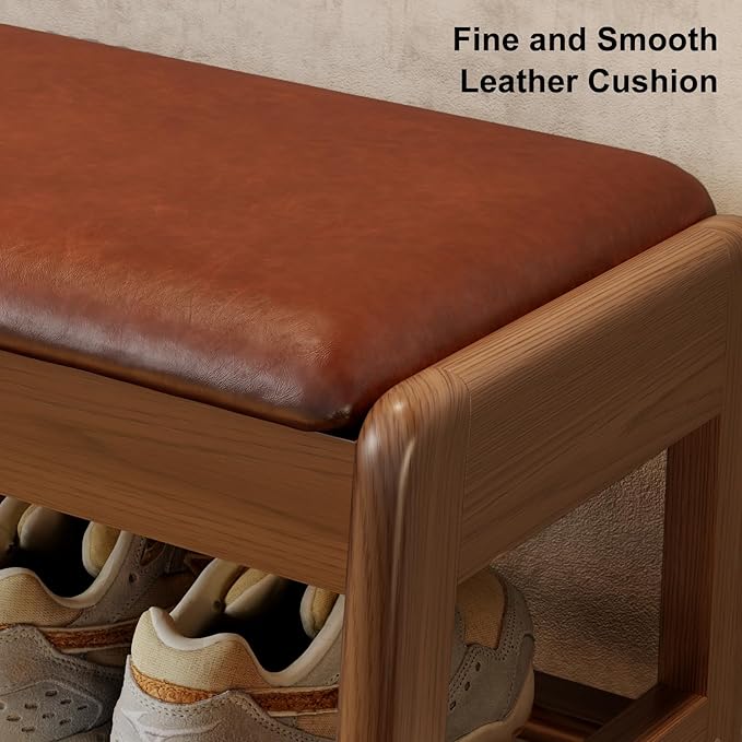 Shoe Rack Bench with Leather Cushion,2 Tiers Shoe Bench with Flip-Top Storage,Wood Shoe Rackh for Entryway,Hallway（Orange,39.3"）