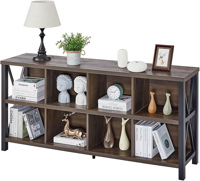 FATORRI 8 Cube Storage Organizer Bookshelf, Rustic Wood Cubby Bookcase, Industrial Horizontal Long Shelf for Living Room (Walnut Brown, 62 Inch)