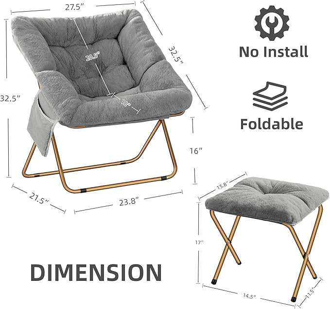 Comfy Saucer Chair for Adults, Foldable Living Room Chairs, Soft Faux Fur Lounge Chair for Bedroom, Reading Chairs, X-Large (Ottoman-Grey)