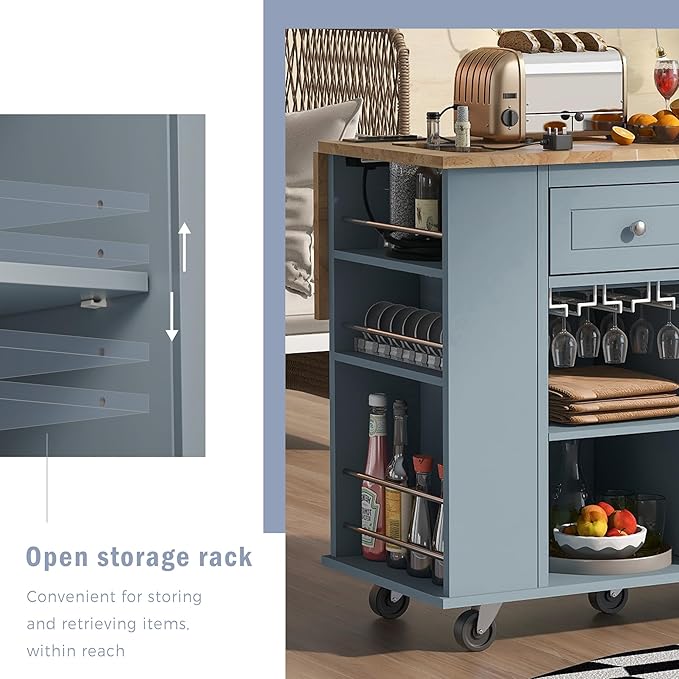 Merax Rubber Wood Kitchen Island with Adjustable Storage, Rolling Kitchen Storage Cart with Drop Leaf, Open Storage, Wine Rack, 5 Wheels for Home, Kitchen, Dining Room, Blue