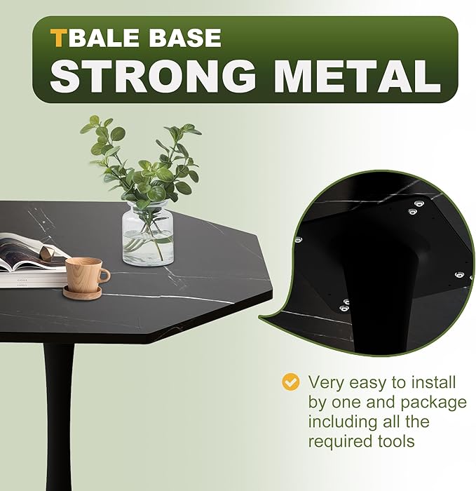Dining Table for 2-4, 31.5" Kitchen Table with Printed Marble Top, Modern Tables for Dining Room, Living Room, Coffee Bar, Black
