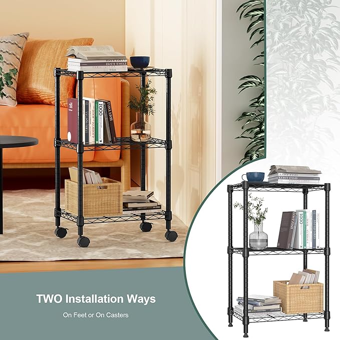 3 Tier Shelf Metal Storage Shelves Wire Rack Closet Organizers with Wheel for Garage Kitchen Bathroom Laundry Black 11.8" D x 17.7" W x 29.8" H