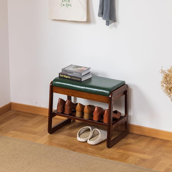 latifolia Shoe Rack Bench, Entryway Shoe Bench with Cushion, Flip-Open Storage Compartment, 2-Tier Shoe Organizer(Green,21.65''L)