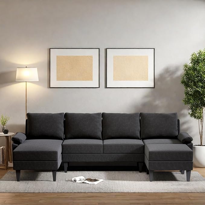 115 Inch U Shaped Sectional Couch with Chaise, 5-Seat Sofa with Moveable Ottoman, Modern Modular Sofa for Living Room, Apartment, Black