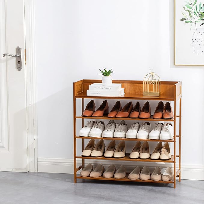 Shoe Rack Organizer, 5 Tier Bamboo Shoe Rack for Entryway, Front Door for Entryway,Closet and Bedroom Storage, Shoe Shelf（Brown）