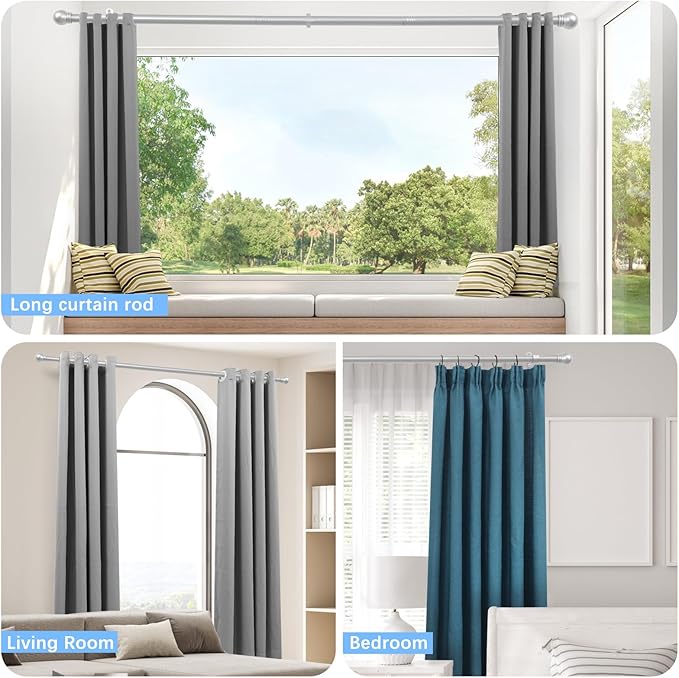 Curtain Rods for Windows 16 to 150 Inches, Curtain Rod Max Adjustable Length of 160 IN, 1" Diameter Drapery Rods Round Finials, Satin Silver, Pack of 1