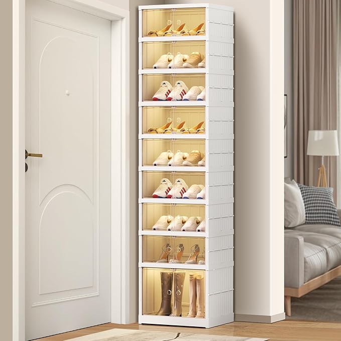 9 Tier Foldable Shoe Rack Organizer for Closet 18-36Pairs Plastic Collapsible Shoe Racks Shelf Stackable Clear Folding Shoes Storage boxes for Small Spaces Narrow Shoe Storage Cabinet
