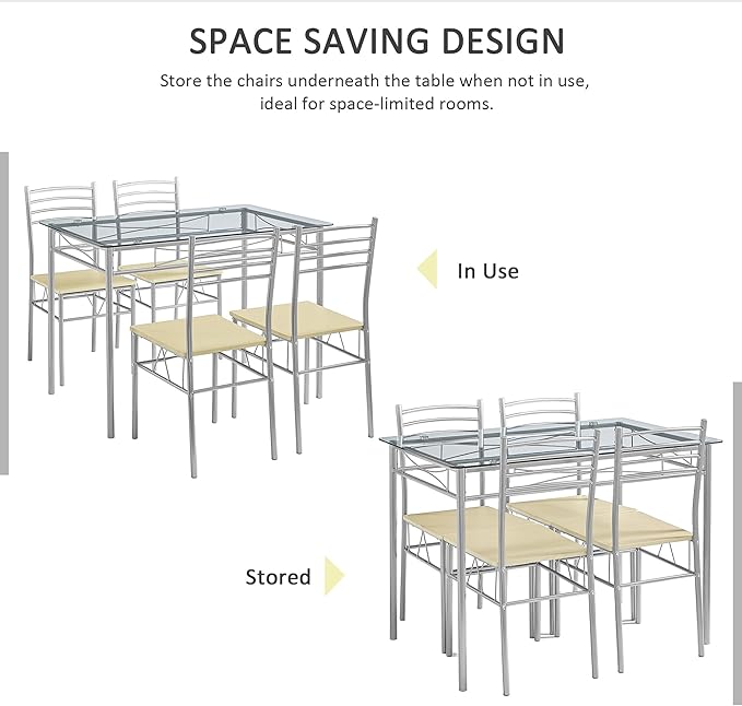 VECELO Kitchen Dining Room Table and Chairs 4, 5-Piece Dinette Sets, Space Saving (Silver)