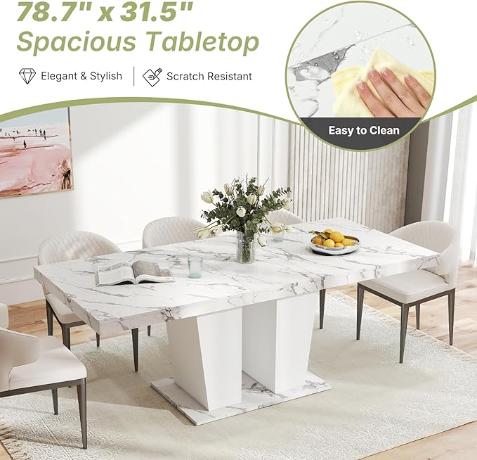 63"-78.7" Expandable Dining Table, 6-10 Farmhouse Kitchen Table, Extendable Console Table, Wooden Farmhouse Kitchen Table with Metal Track & Dual Column Base for Dining Room, Office-White