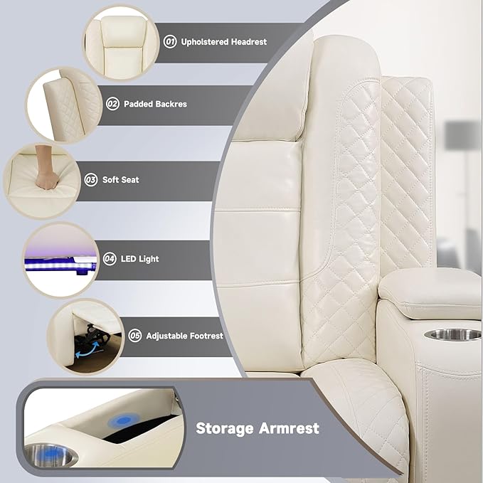 3+2+1 PU Leather Power Sectional Sofa Set, Living Room Furniture, Reclining Couch, Loveseat, Chair with LED Light/USB Ports/Storage Armrests/Center Console/Cup Holders/Wireless Chargers/Coffee Table