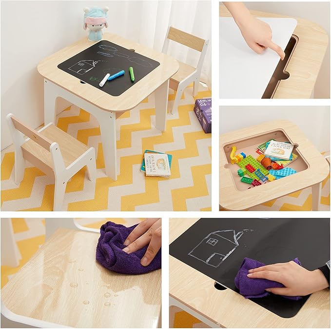 Toffy & Friends Wooden Storage Table and Chairs Set, White, 3-Piece Set, Ideal for Children's Learning, Activity Table or Dining