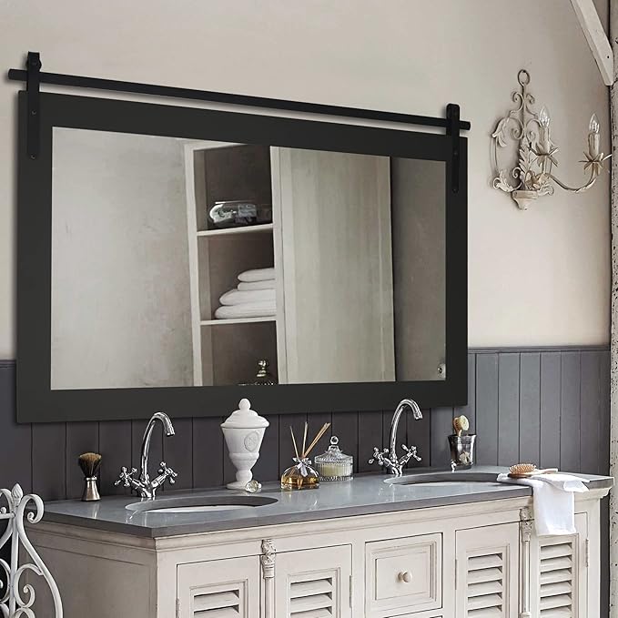 Black Farmhouse Mirror for Wall, 40x26INCH Large Wood Framed Square Bathroom Mirrors for Vanity, Barn Door Style Mirrors Wall Mounted Dresser Decor Mirror Living Room Bedroom Horizontal