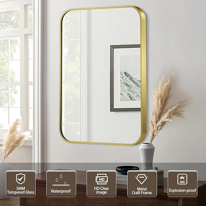 Matte Gold Mirror, 20x28 Inch Brushed Gold Mirror, Aluminum Alloy Framed Vanity Mirror, Rounded Rectangle Bathroom Mirror for Over Sink, Anti-Rust Wall Mirror (Horizontally or Vertically)