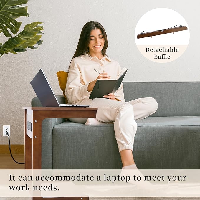 C Shaped End Table with Charging Station, Small Side Table for Couch, C Table with Wheels and Adjustable Desktop, Wooden Couch Table for Living Room, Bedroom (Brown)