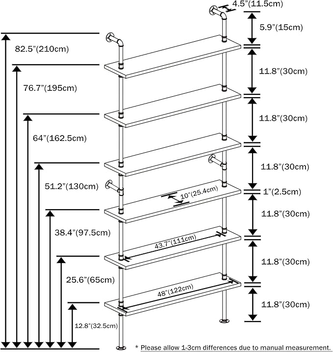 6 Tier Industrial Ladder Shelf Bookcase, Wall Mounted Rustic Bookshelf for Living Room Decor and Storage (Walnut Color, 6 Tier - 10" D x 48" W x 82.5" H)