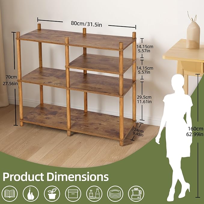 YGYQZ Wooden 3 Tier Storage Shelf, 5 Cube Short Small Book Shelf Simple and Natural Style Display Cubby Vertical Organizer Wood Open Storage Organizer for Small Space