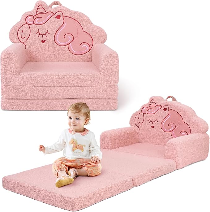 TinyPalsa Kids Couch, Convertible Sofa to Lounger Fold Out, Pink Unicorn Design Chair for Toddlers 1-3, Gift for Birthday, Movie Night