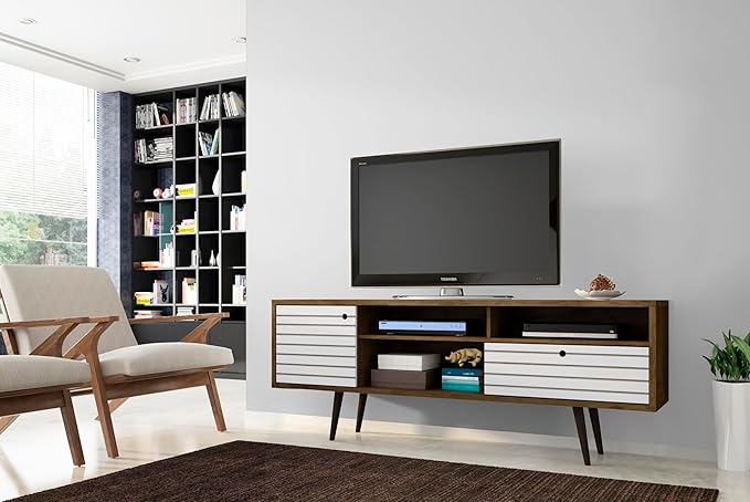 Manhattan Comfort Liberty Mid Century Modern TV Stand for Televisions up to 65 Inches, Bedroom and Living Room Entertainment Center with Storage, Shelves, and Cabinet, 71" Wide, Rustic Brown/White