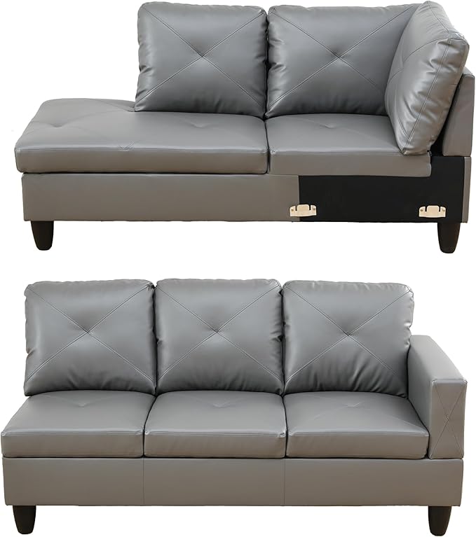 L Shaped Sectional Sofa with Ottoman, Leather Right Facing Modern Couches for Living Room, Bedroom, Office