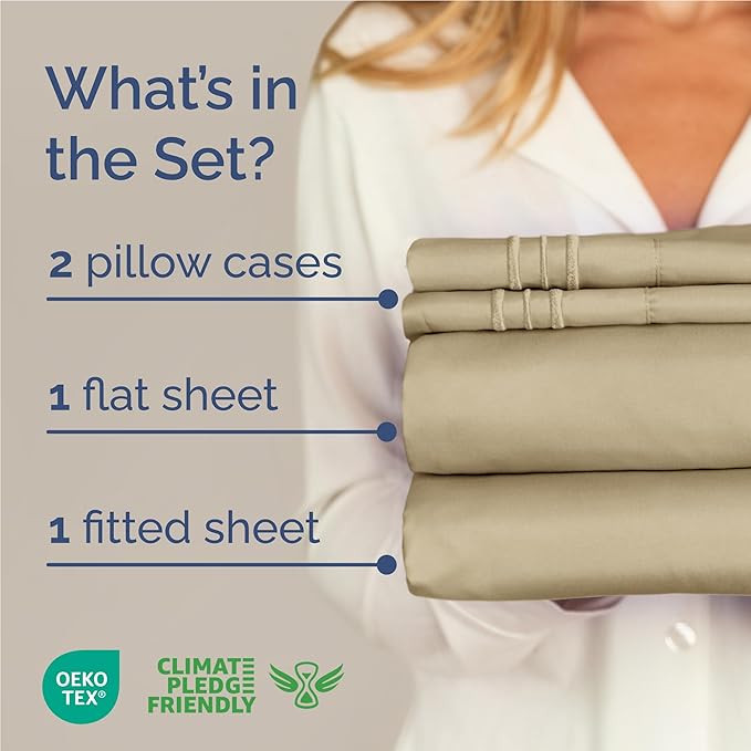 Full Size 4 Piece Sheet Set - Comfy Breathable & Cooling Bed Sheets Set - Hotel Luxury Bedding for Women, Men, Kids, Teens, Boys & Girls - Deep Pockets, Ultra-Soft and Wrinkle Free - Oeko-Tex - Beige