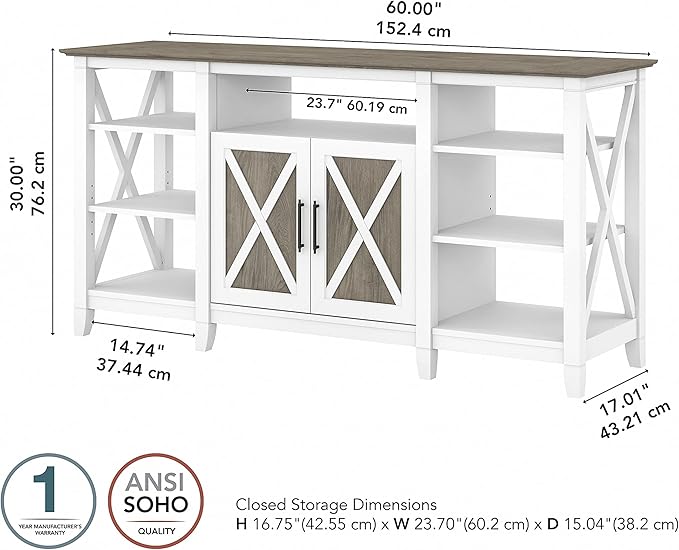 Bush Furniture Key West Tall TV Stand for 65 Inch TV in Pure White and Shiplap Gray, Farmhouse Entertainment Center with Storage