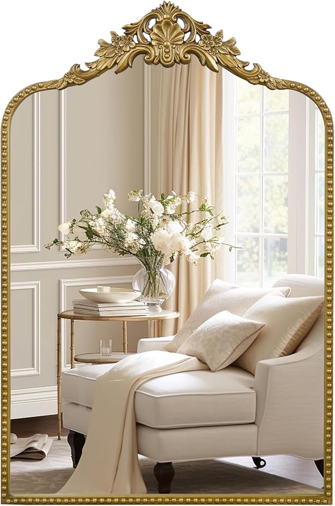 G-LEAF Vintage Baroque Full Length Floor Mirror 30"X48", Victorian Antique Mirror with Black Brush Gold Ornate Metal Frame for Fireplace Entryway Living Room Hallway Bathroom