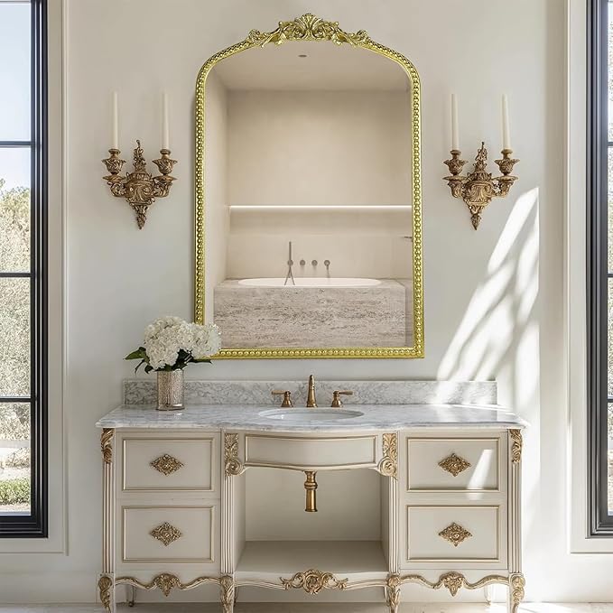 Gold Vintage Mirror, Arched Antique Mirror with Ornate Frame for Bathroom Wall, Living Room, Fireplace, 39.5x26 Inch.