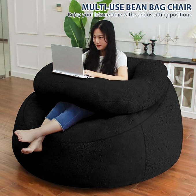 HABUTWAY Bean Bag Chair with U-Shaped Pillow for Adult and Kids Big BeanBag Chair with Filling Ultra Soft Faux Fur Couch Chair with Washable Cover for Living Room Bedroom Office, Black & Black