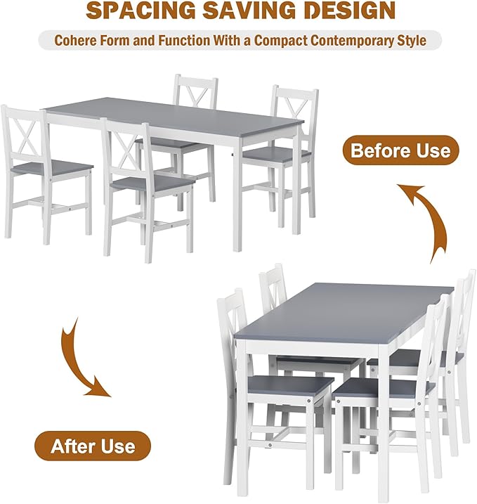 soges 5 Pieces Dining Table Set, Pine Wood Kitchen Table with 4 Chairs, 47.2 inch Table Set for 4, Rectangular Dining Table Furniture Set for Kitchen, Dining Room, Dinette, White Grey