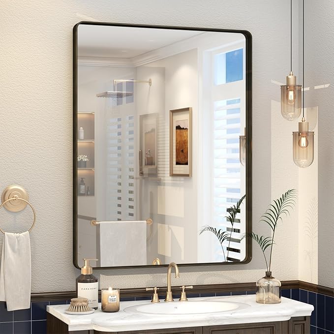 28x36 Inch Bronze Framed Bathroom Mirror, Brushed Bronze Metal Vanity Mirror, Rounded Bronze Rectangle Mirror, Tempered Glass, Anti-Rust, Shatterproof (Horizontal/Vertical)