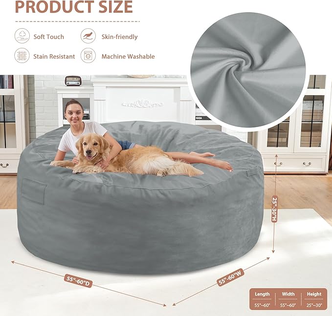 6FT Bean Bag Chair, Large Bean Bag Chairs with Memory Foam Filled, Fluffy Beanbag Sofa with Dutch Velvet Cover, Round BeanBag Chairs for Living Room, Playroom - Light Grey
