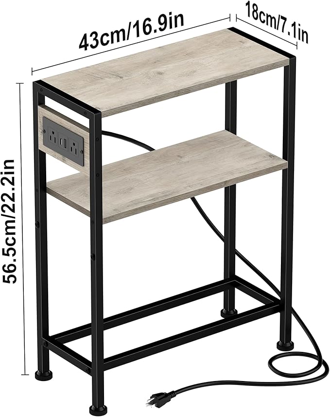 Small Narrow Side Table with Charging Station, Skinny End Table for Small Spaces, Slim Nightstand with Outlets, Sofa Bedside Table in Living Room, Bedroom, Kitchen and Balcony (Greige)