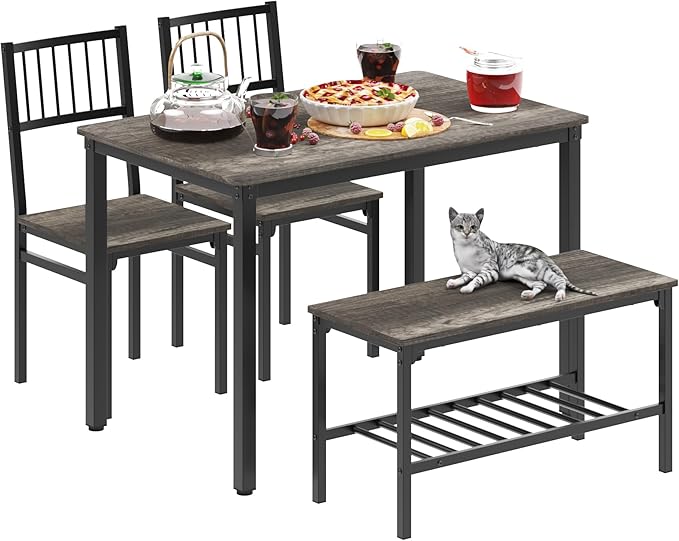 Teraves Dining Table Set for 4/Computer Desk,Kitchen Table with 2 Chairs and a Bench,Table and Chairs Dining Set 4 Picce Set for Dining Room (Black Oak+Black Frame,120CM)