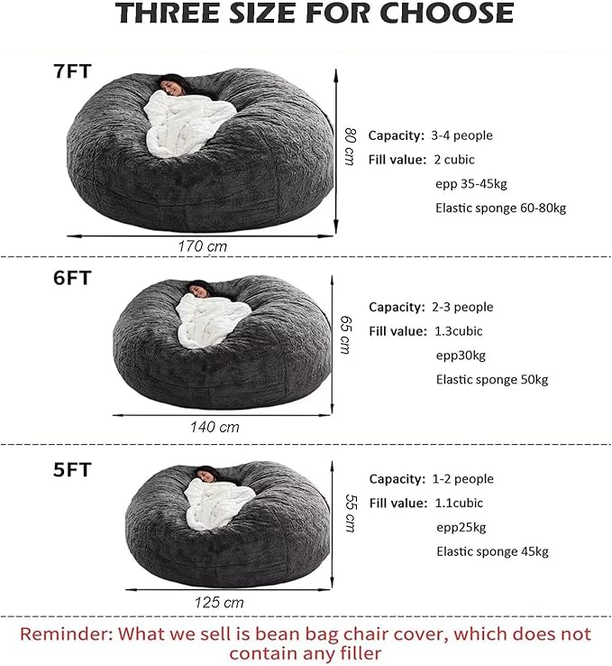 BCU 7FT Big Bean Bag for Adults Kids Without Filling Oversized Bean Bag Chair Cover for Stuffed Animal Storage, Grey