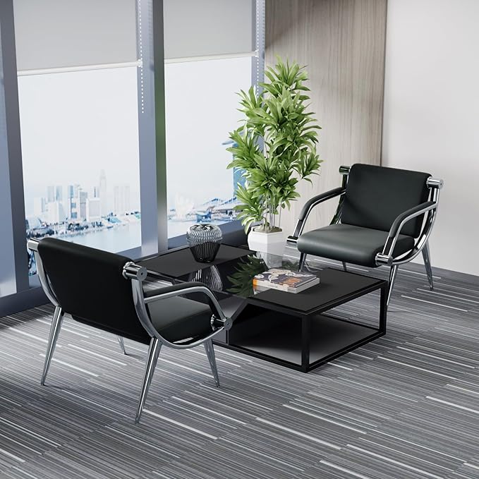 wonline 2Pcs Waiting Room Chair with Armrest Black PU Leather Office Furniture, Office Guest Seating Lobby Conference Reception Chairs for Airport Clinic Hospital Bank Salon Barber(Black)