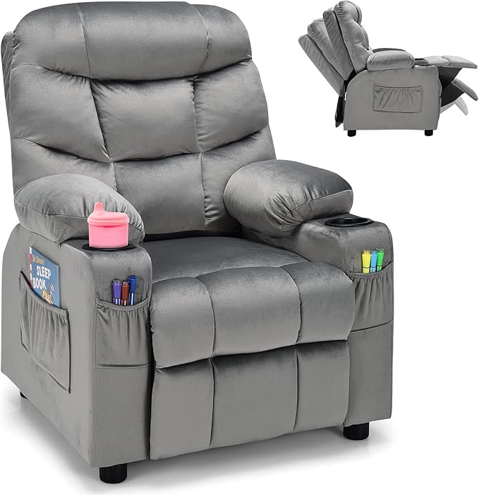 Costzon Kids Recliner Chair with Cup Holder, Adjustable Velvet Lounge Chair w/Footrest & Side Pockets for Children Boys Girls Room, Ergonomic Toddler Furniture Sofa Gifts, Kids Recliner (Gray)