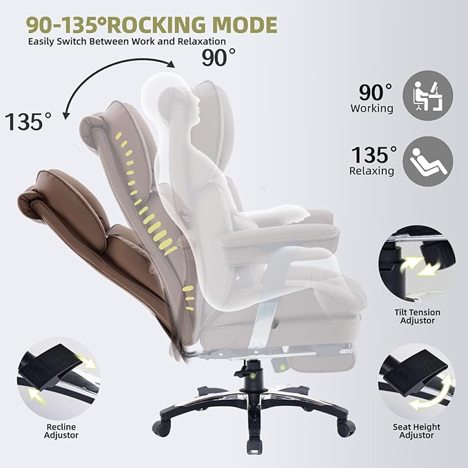 Efomao Big and Tall Office Chair with Footrest – High Back Computer Chair with Adjustable Armrests，Executive Office Chair with Wide Seat, Modern Desk Chair for Home Office, Gaming, or Study, Brown