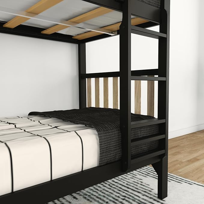 Max & Lily Bunk Bed, Scandinavian Modern Bunk Bed, Solid Wood Twin-Over-Twin Bed Frame for Kids, No Box Spring Needed, Black/Blonde