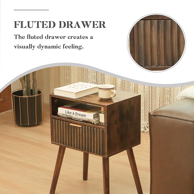 Walnut Nightstand, Wooden Bedside Table with Fluted Drawers and Open Shelf, Night Stand Wood for Bedroom, Dorm and Small Space (Rustic Brown)