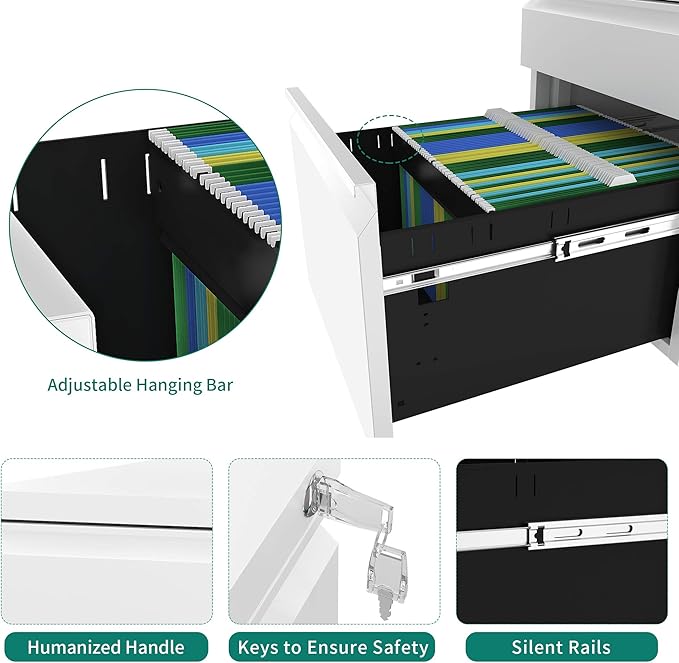 YITAHOME 3-Drawer Mobile File Cabinet with Lock, Office Storage Filing Cabinet for Legal/Letter Size, Pre-Assembled Metal File Cabinet Except Wheels Under Desk -White