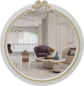 Vintage Round Wall Mirror 20inch Farmhouse Wooden Vanity Mirror for Wall Decor, Decorative Antique White Bathroom Mirrors, Traditional Art Home Bow Decor for Dressing Table, Living Room or Bedroom