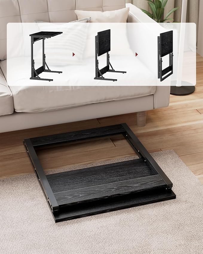 Tatub Folding TV Tray Table Set of 2, 24" Wide C-Shaped End Table for Couches, Small Sofa-Side Laptop Desk with Metal Frame for Living Room, Bedroom, Dark Black
