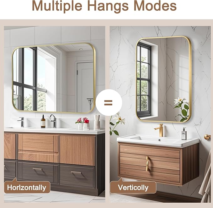 Brushed Gold Mirror, 40"x30" Rectangle Bathroom Mirror, Metal Frame Rectangle Corner Vanity Mirror, Wall Mounted Mirror for Modern, Living Room, Bedroom, Horizontal Or Vertical