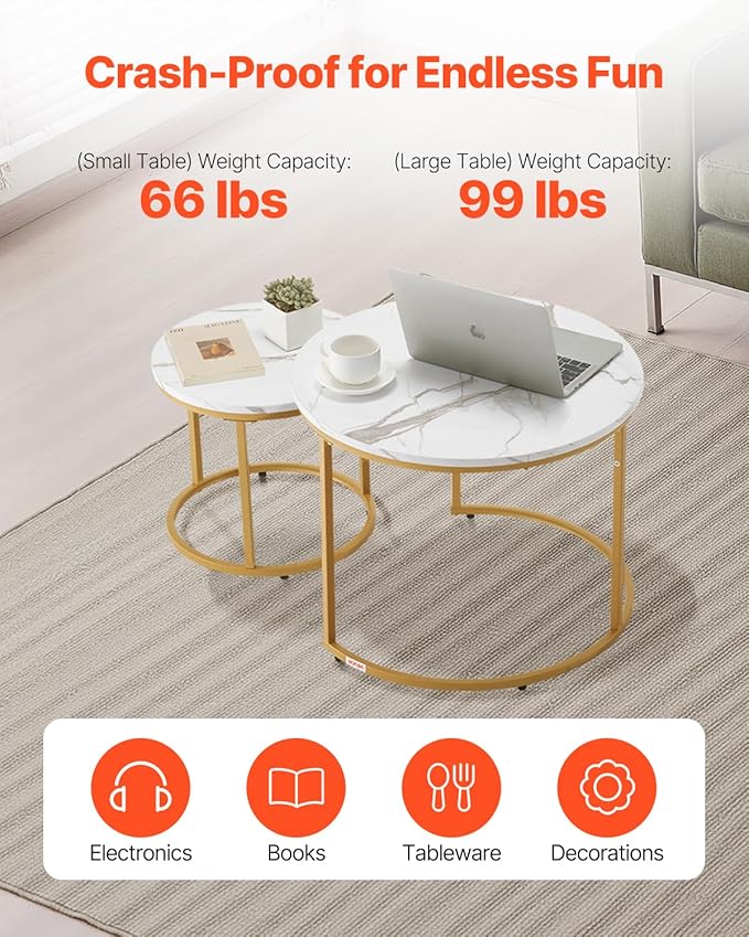 VEVOR Nesting Tables, Coffee Table Set of 2, 23.6 inch Round Coffee Table, Small Coffee Tables Night Stand with Metal Frame, for Living Room, Bedroom, Office (White & Gold)