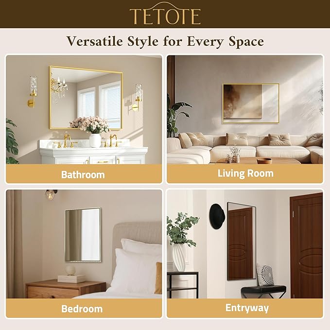 TETOTE Brushed Gold Vanity Mirror for Bathroom 36" x 36" Brushed Brass Rectangle Beveled Framed Bathroom Wall Mirror for Over Sink, Tempered Glass, Modern Farmhouse Bedroom, Entryway, Living Room