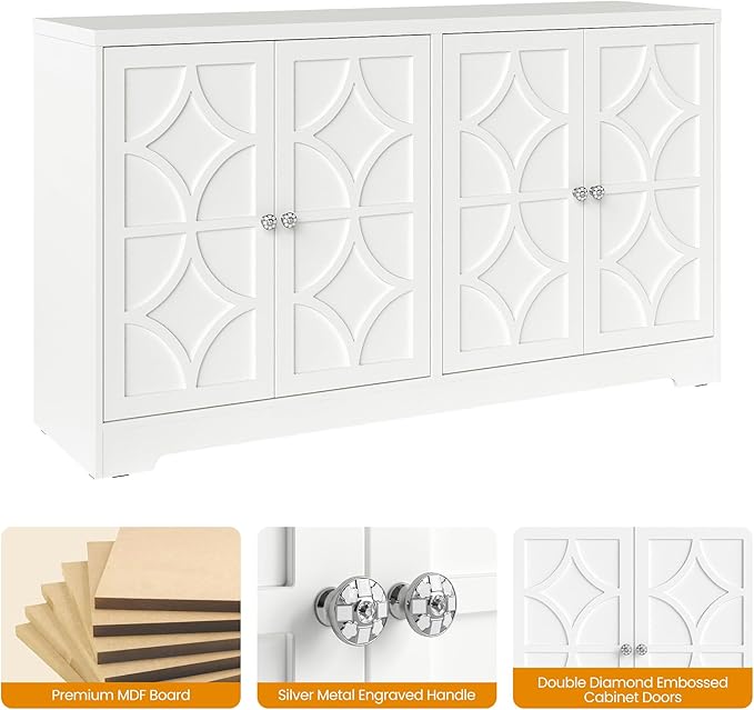 Sideboard Buffet with 4 Doors, Mid-Century Sideboard Cabinet with Adjustable Shelves, Accent Cabinet for Entryway, Living Room, Dining Room, White